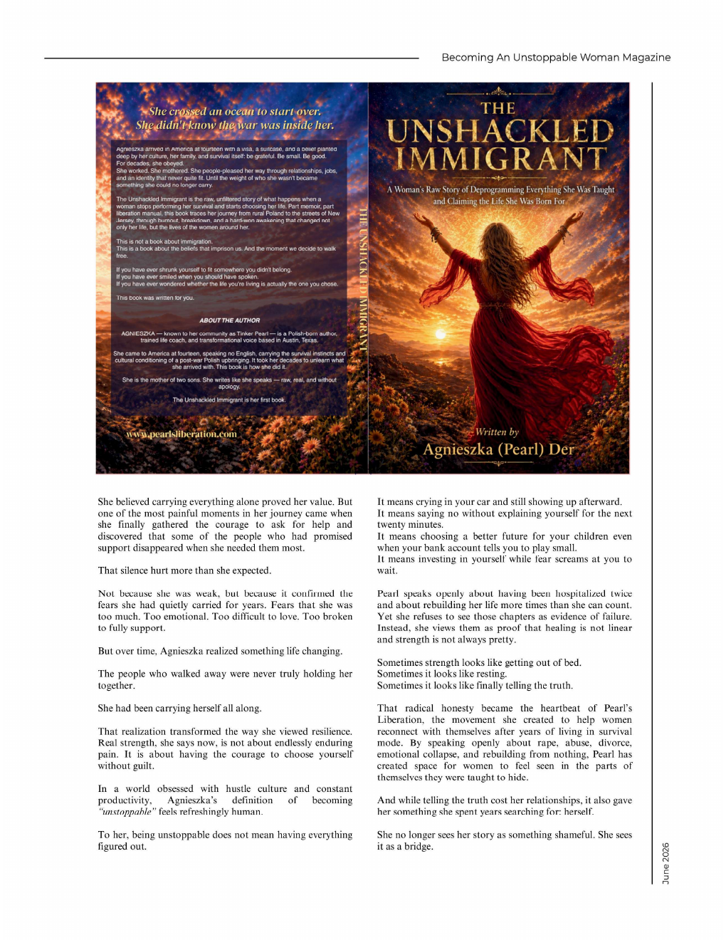 Second page of the BAUW feature with The Unshackled Immigrant book cover.