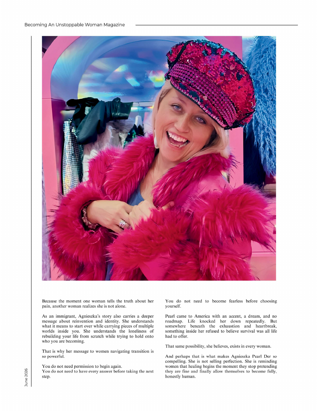 Third page of the BAUW feature with Pearl in a pink coat.